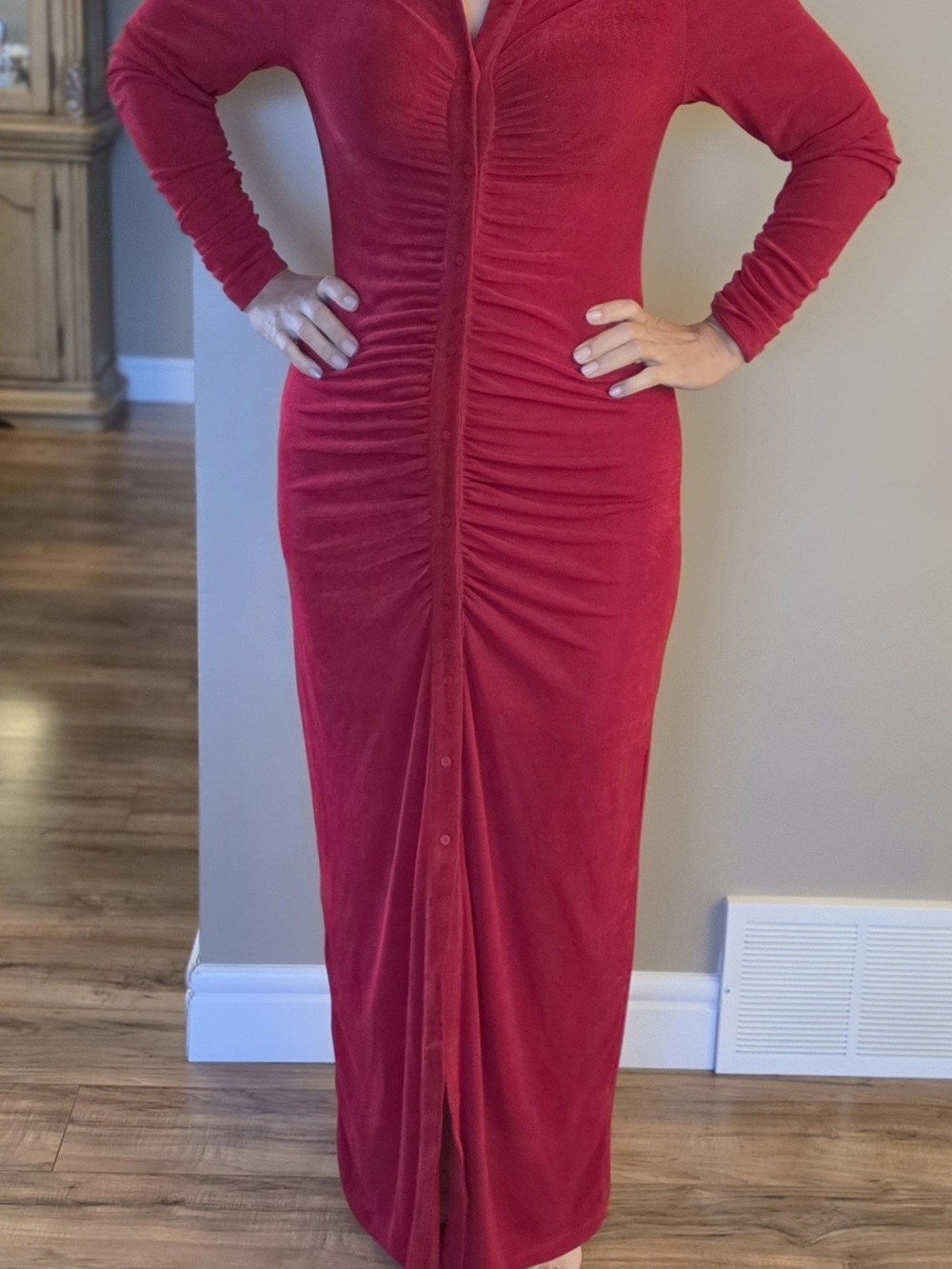 JLUXLABEL Red Velvet Ruched Maxi Dress